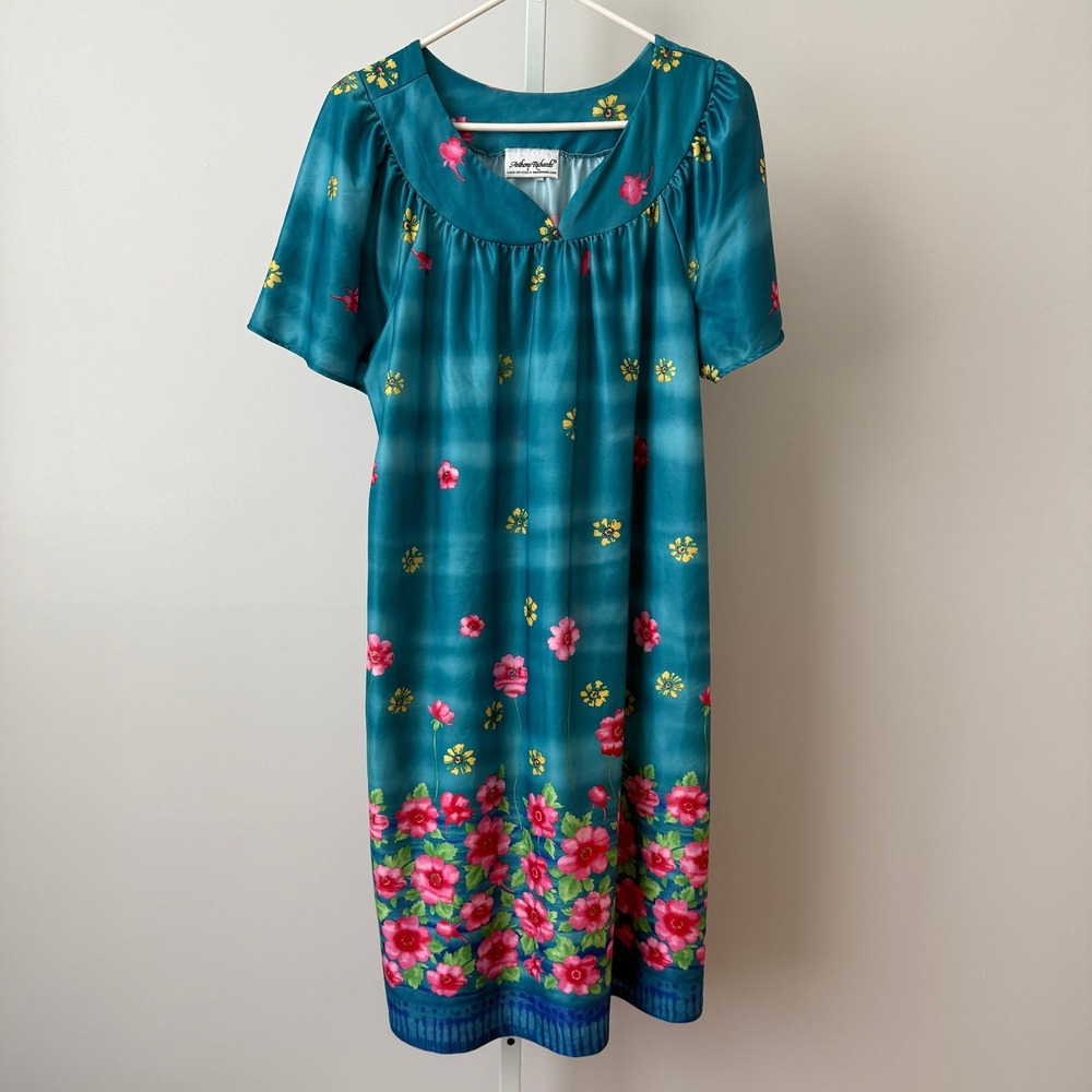 Anthony Richards L Blue Floral Dress‎ Loungewear Muumuu Retro Cottage Prairie
